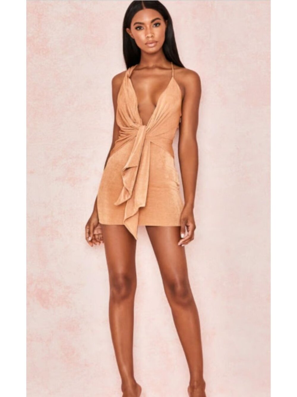 NWT House of CB Kiki Tan Mini Dress Plunge Deep V-Neck Ruffle Cocktail Large